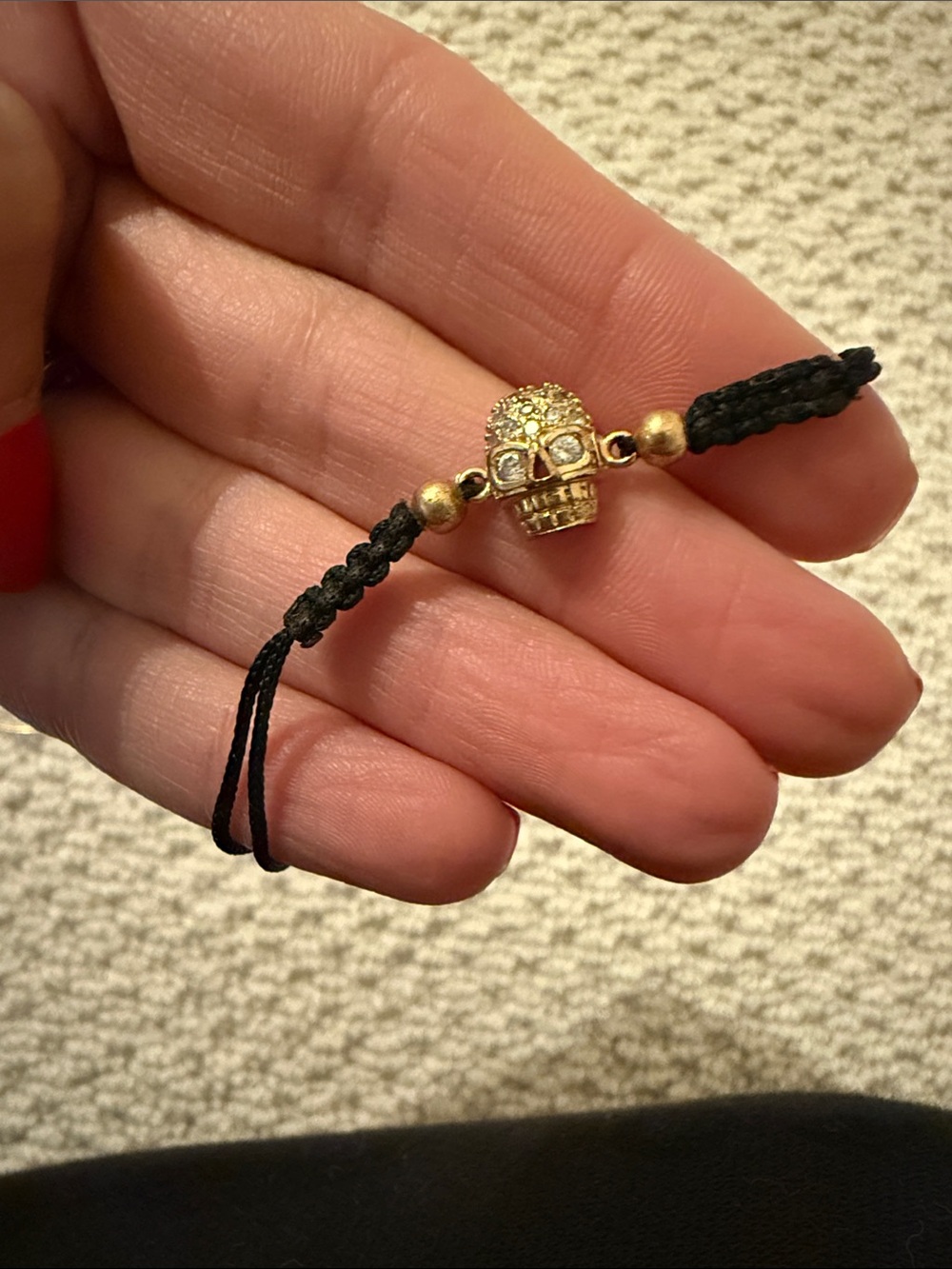 Gold and crystal diamond Skull adjustable Black Cord Bracelet - Women Jewelry